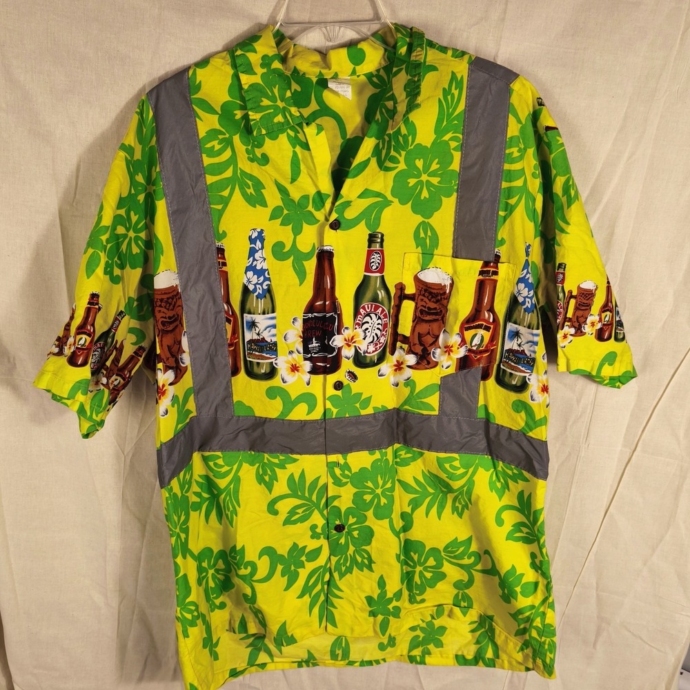 Vintage Neon Hawaiian Beer Shirt XL‎ Tiki Festival Novelty Reflective High Vis